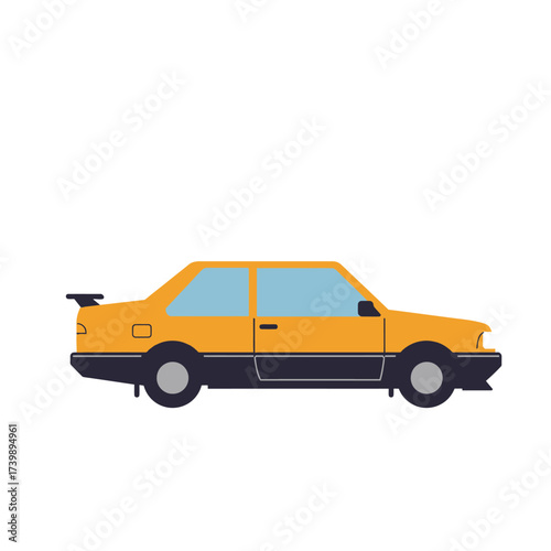A stylized, flat illustration of a yellow four-door sedan with tinted windows and a rear spoiler, presented in profile against a white background.