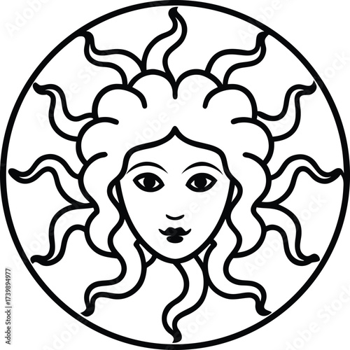 medusa with snake hair in ornamental mandala frame