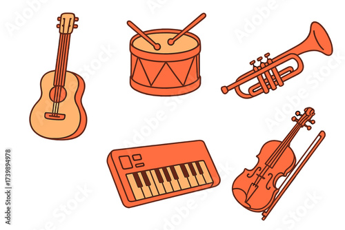 Collection of essential musical instruments including string percussion brass and keyboard
