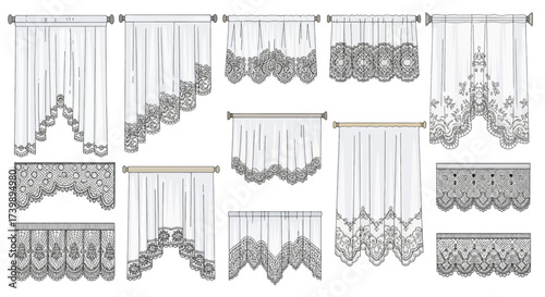 Collection of HandDrawn White Lace Curtains and Valances.