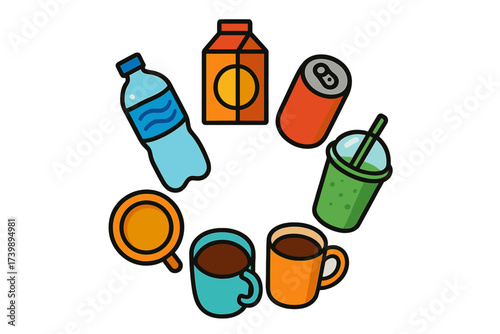 Colorful collection of popular beverage icons including coffee, soda, water, juice, and smoothie drinks
