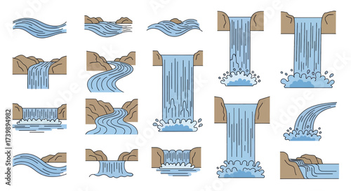 Set of river and waterfall icons in a simple line art style.