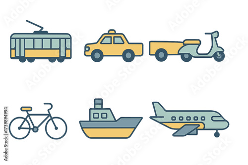 Set of modern flat design icons depicting various modes of travel and logistics delivery
