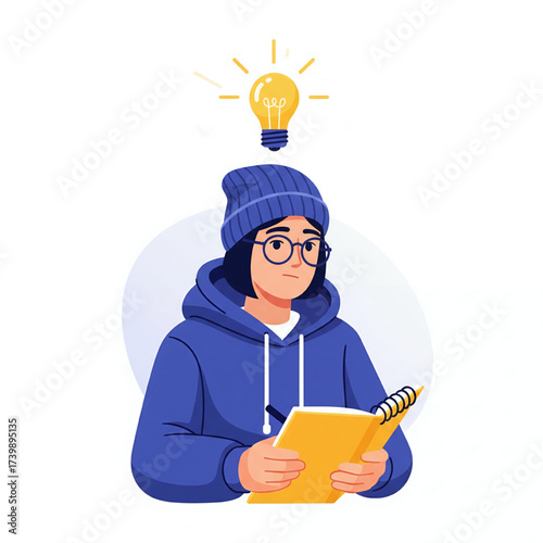Inspired individual with a bright idea, capturing thoughts and solutions in a notebook, representing innovation, creativity, and mental breakthroughs