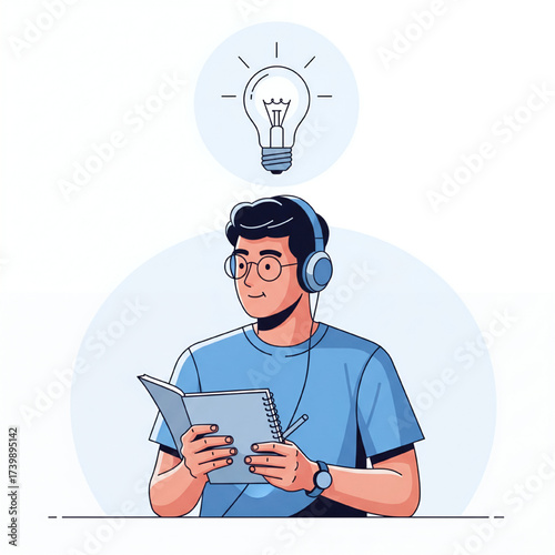Focused student with headphones jotting notes, experiencing a bright idea spark overhead, representing innovative thinking and dedication to learning and discovery