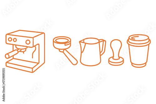 Outline icons of essential equipment for making espresso drinks including machine, portafilter, tamper, and cup