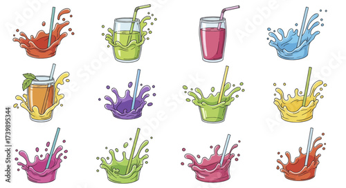 Set of colorful cartoon juice splashes and drinks with straws.