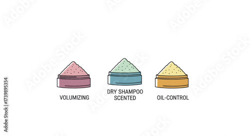 Set of colorful icons representing different types of dry shampoo powder.