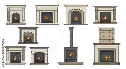Set of different fireplaces with burning wood logs.