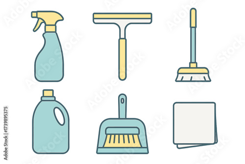 Collection of essential household cleaning equipment and tools used for domestic hygiene and maintenance