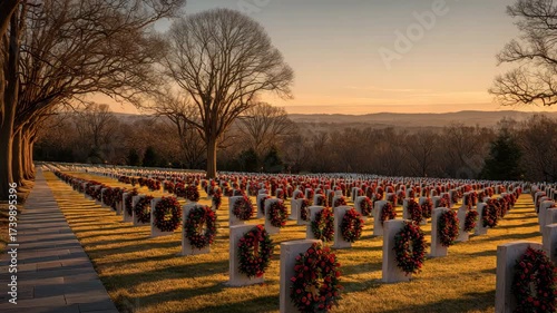 Wreaths decorate gravestones in a serene cemetery, capturing a moment of respect at sunset