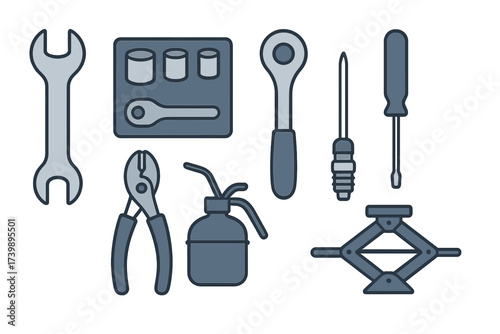 Set of essential mechanic and automotive repair tools including wrench screwdriver and pliers