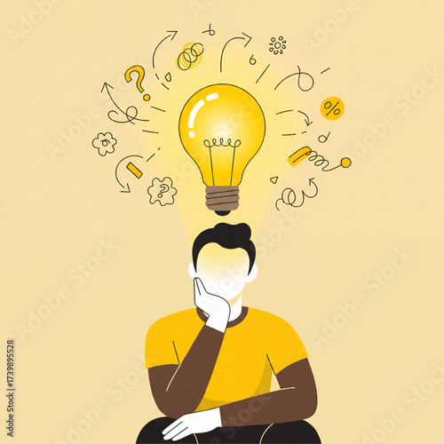Conceptual illustration of a person deep in thought, experiencing a breakthrough with a glowing lightbulb representing innovative ideas and problem-solving