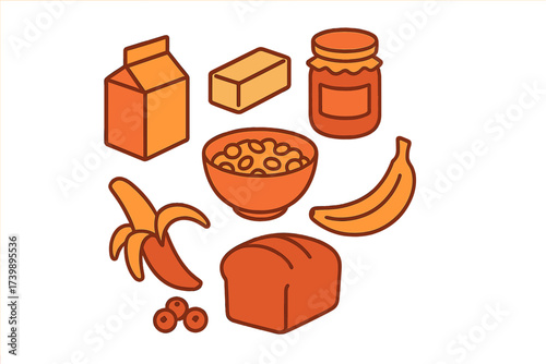 Isometric set of essential breakfast foods including grains, fruit, dairy, and preserves
