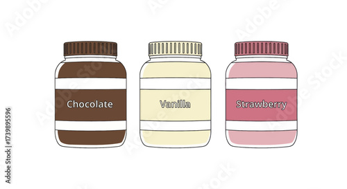 Set of three supplement jars with chocolate vanilla and strawberry flavors.