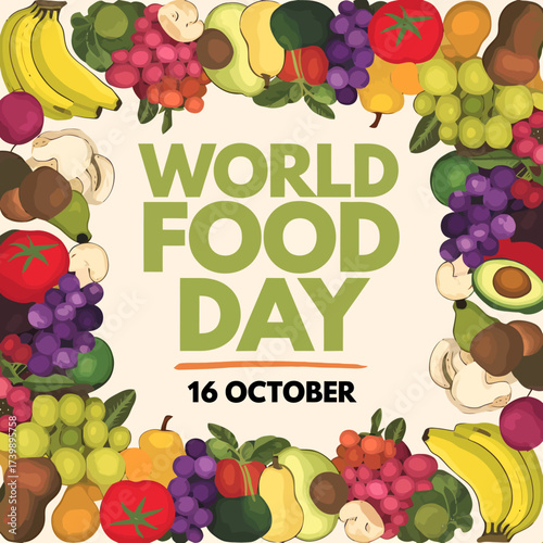 Vector art of world food day on october 16th celebrated with a vibrant border of fresh fruits and vegetables