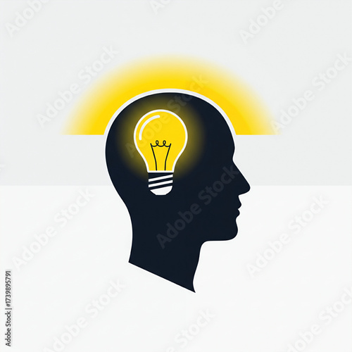 Silhouette of a human head with a bright idea light bulb glowing inside, symbolizing innovation and creativity