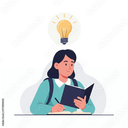 Focused student diligently studying and writing, illuminated by a glowing lightbulb, representing the moment of a brilliant idea and insightful learning