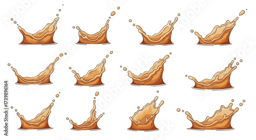 Collection of twelve dynamic coffee or chocolate milk splashes.