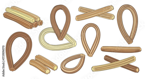 Vector illustration set of traditional Spanish churros dessert.