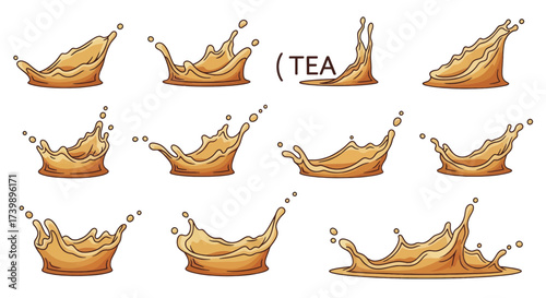 Vector Set of Tea Splashes and Drops Illustration.