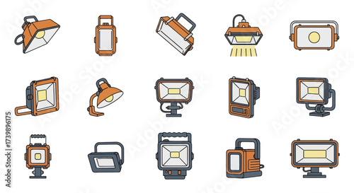 Set of floodlight icons in various designs isolated on white background.