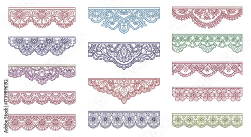 A beautiful collection of colorful handdrawn lace border trims.