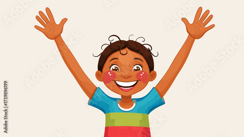 Joyful cartoon boy with arms raised in excitement. Cheerful child illustration expressing happiness and celebration.