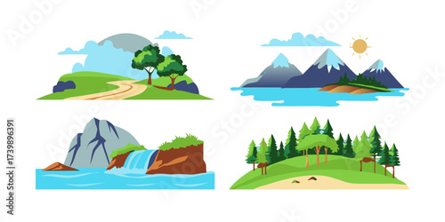 Solid style icons of natural landscapes: mountain peak, forest trees, flowing river, desert dunes, ocean wave, waterfall icon, grassy hill, island view.
