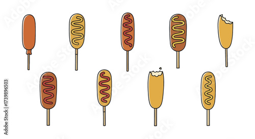 Vector illustration set of cartoon corn dogs on a stick.