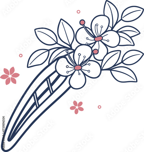 A delicate floral hairpin, isolated on white background, adorned with cherry blossoms, adds a touch of elegance to any hairstyle
