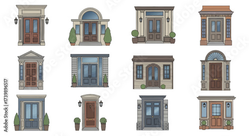 Collection of twelve handdrawn house front door illustrations.