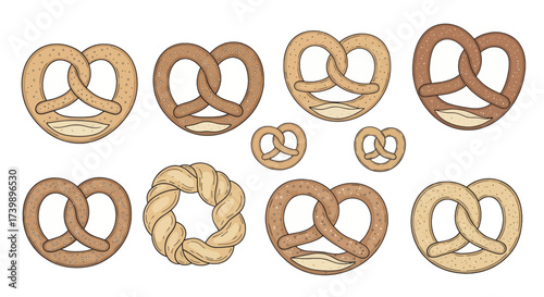 Collection of various pretzel snacks isolated on white.