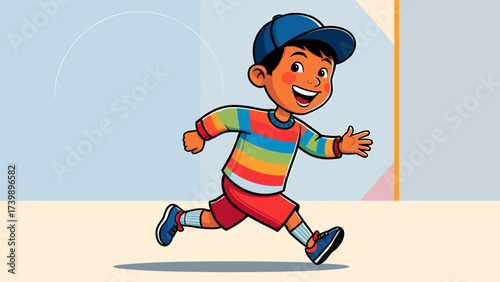 Happy cartoon boy running in colorful clothes. Energetic child playing with a joyful smile. Childhood activity illustration.
