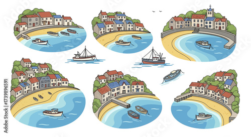 Set of cartoon illustrations of coastal fishing villages with houses beaches and boats in a harbor.