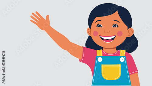 Happy cartoon girl waving hand, friendly kid character illustration