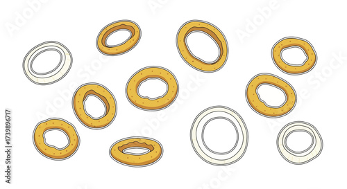 Vector illustration of various onion rings and sushki bagels isolated on white background.