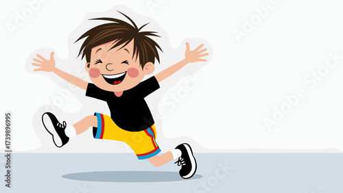 Joyful cartoon boy jumping with arms outstretched, expressing happiness and excitement. Playful child illustration.