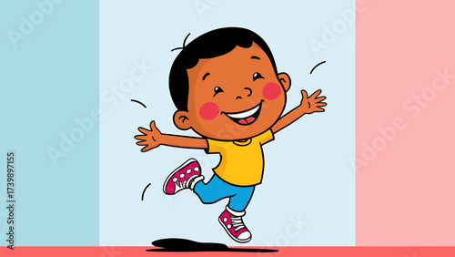Energetic cartoon boy jumping happily, celebrating childhood joy and excitement