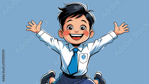 Joyful cartoon schoolboy jumping with open arms, expressing happiness and excitement on a blue background