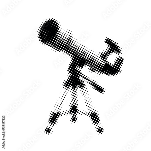 Halftone telescope on tripod in black and white illustration