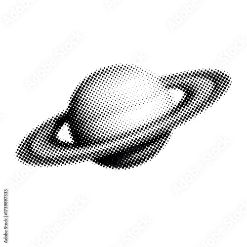 Retro halftone saturn illustration in black and white with rings