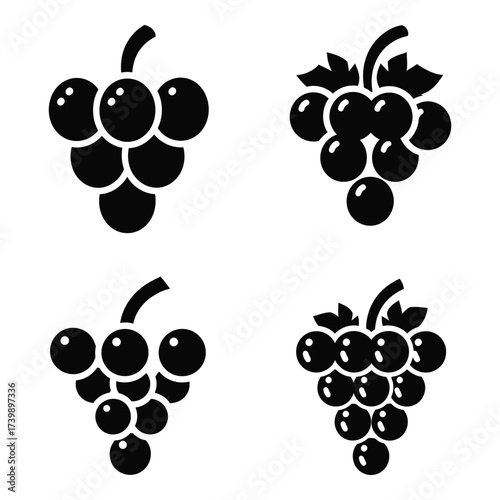 Collection of four stylized bunch grapes icons simple silhouette fruit graphic design elements natural food organic produce harvest fruitful vine botanical silhouette