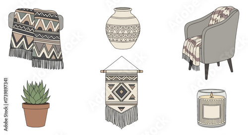 Set of cozy bohemian home decor elements illustration.