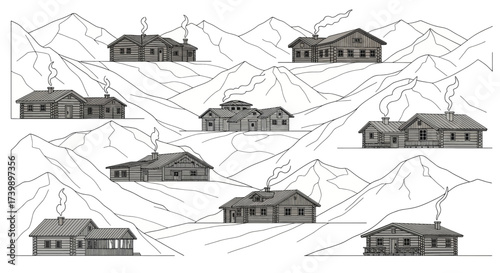Set of handdrawn rustic log cabins scattered across a mountain landscape illustration.