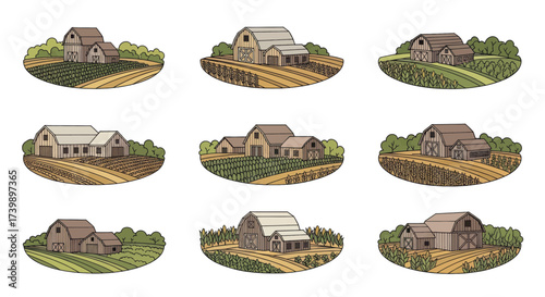 Collection of nine illustrated farm landscapes with wooden barns and various crops.