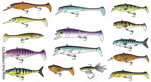 Assortment of artificial fishing lures isolated on a white background.