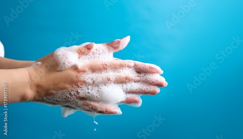 hand hygiene washing hands with soap hands in soapsuds on blue background medical procedure step by step prevention coronavirus covid 19 banner