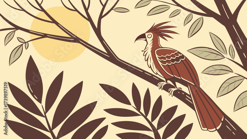 Zoomed-in shot of a Hoatzin resting among the forest trees sunny view.
