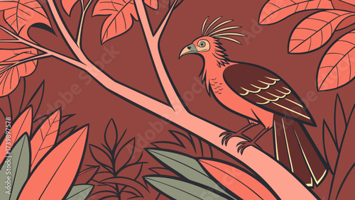 Zoomed-in shot of a Hoatzin resting among the forest trees  reddish view.
